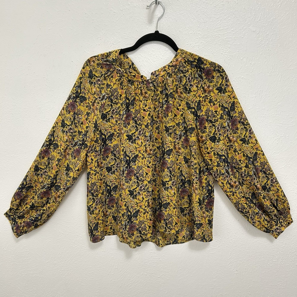 Madewell x Karen Walker Yellow Silk Floral Ruffle Top Blouse Puff Sleeve Size M‎